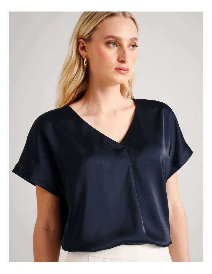 Satin V-Neck Tee in Navy image 3