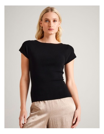 Boat Neck Cap Sleeve Knit in Black