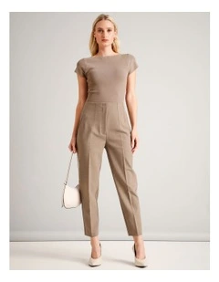 Recycled Polyester Blend Darted Tapered Pant in Taupe