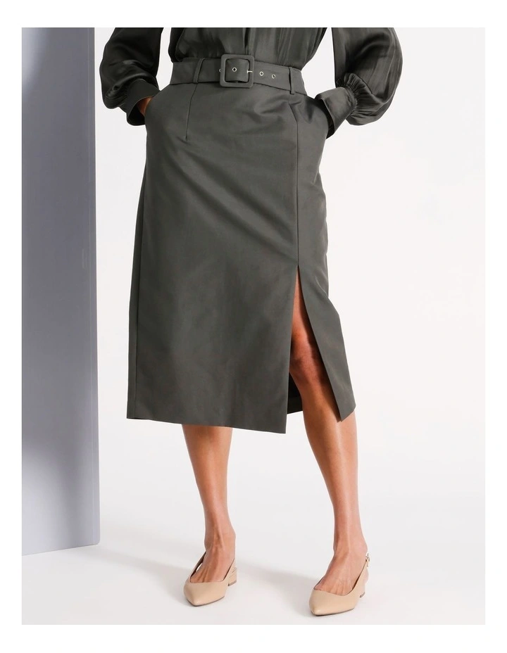 Organic Cotton Blend Belted Midi Pencil Skirt in Khaki image 2