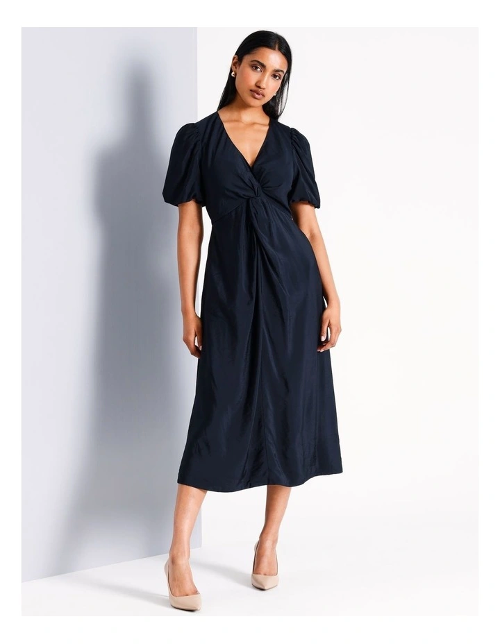 Sustainable Viscose Blend Twist Front Bubble Sleeve Dress in Navy image 1