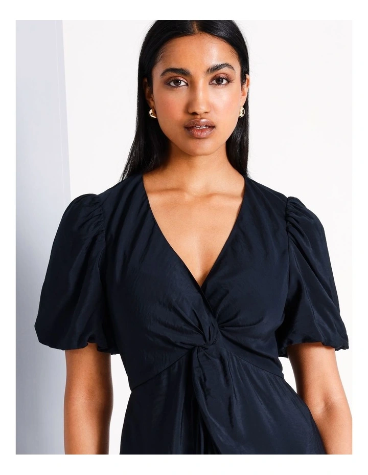 Sustainable Viscose Blend Twist Front Bubble Sleeve Dress in Navy image 2