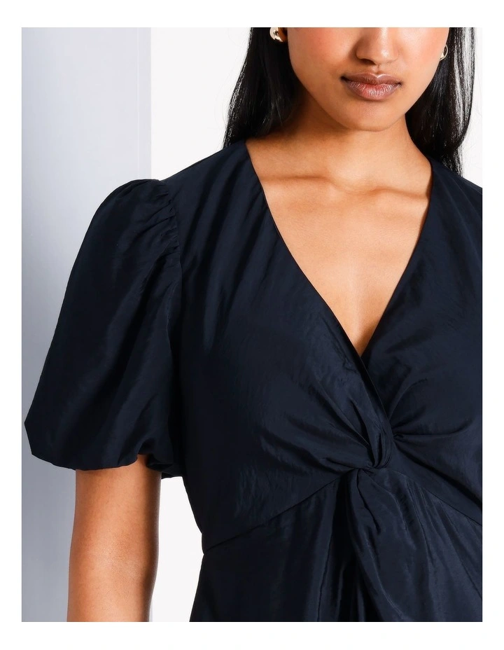 Sustainable Viscose Blend Twist Front Bubble Sleeve Dress in Navy image 4