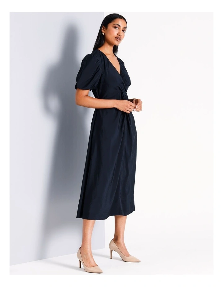 Sustainable Viscose Blend Twist Front Bubble Sleeve Dress in Navy image 5