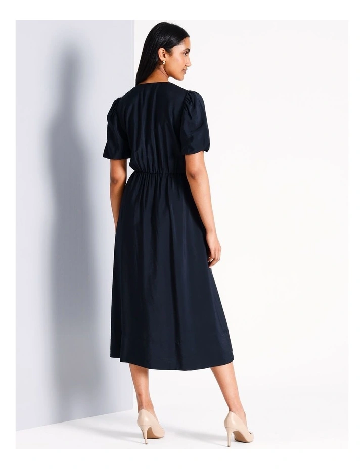 Sustainable Viscose Blend Twist Front Bubble Sleeve Dress in Navy image 6
