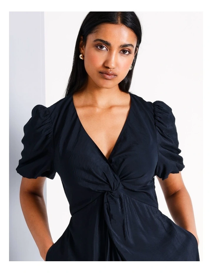 Sustainable Viscose Blend Twist Front Bubble Sleeve Dress in Navy image 7