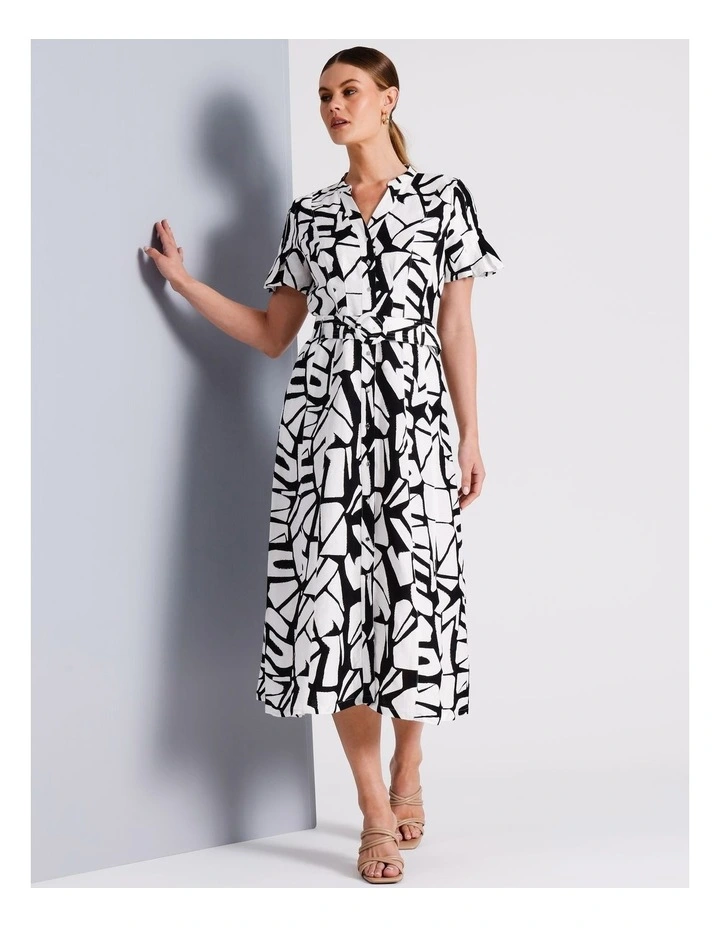 European Linen Blend Box Pleat Midi Dress in Black/White image 1