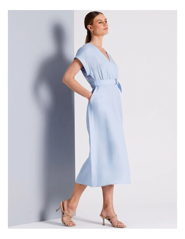 Wrap Front Linen Blend Dress in Light Blue image 1