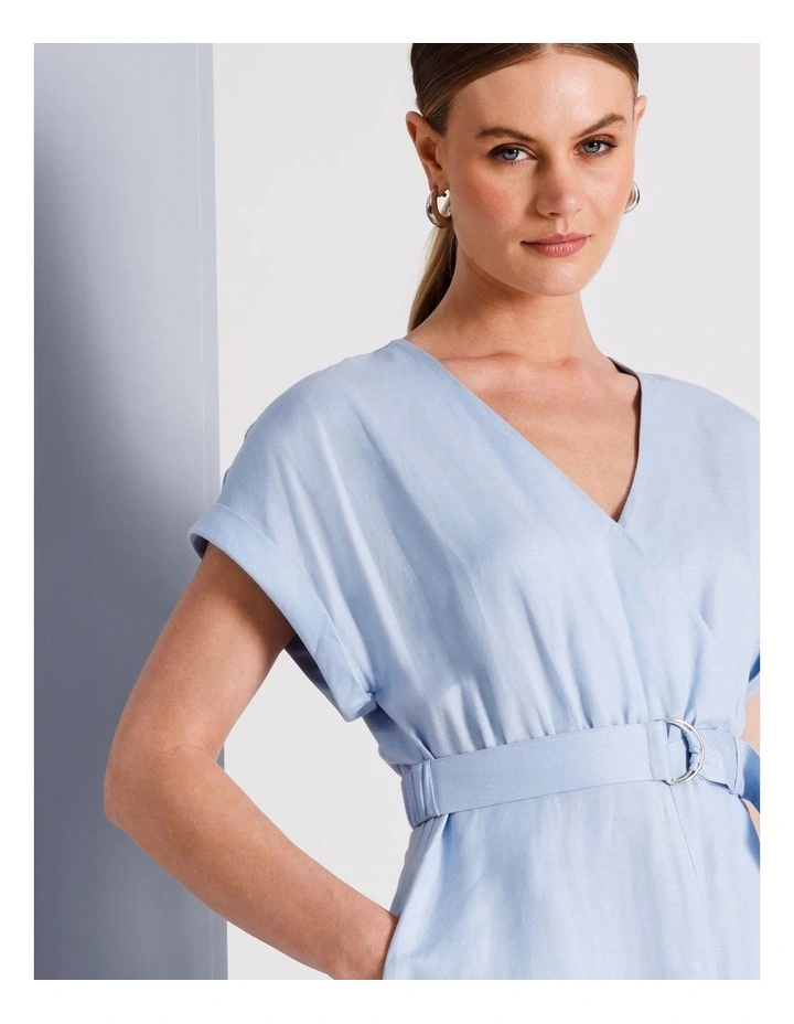 Wrap Front Linen Blend Dress in Light Blue image 3
