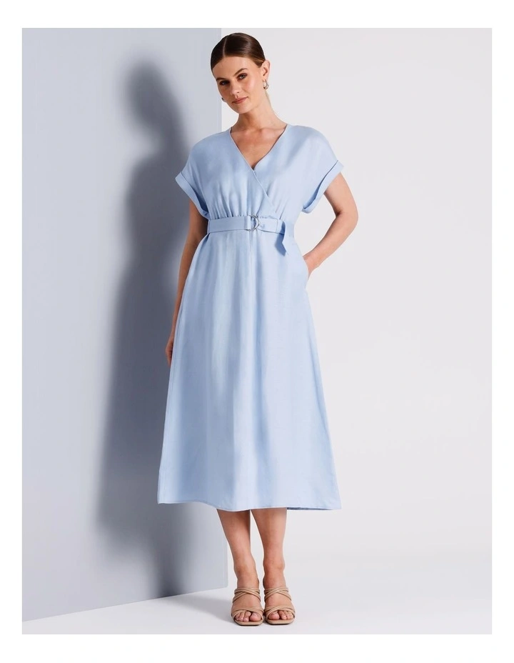 Wrap Front Linen Blend Dress in Light Blue image 4