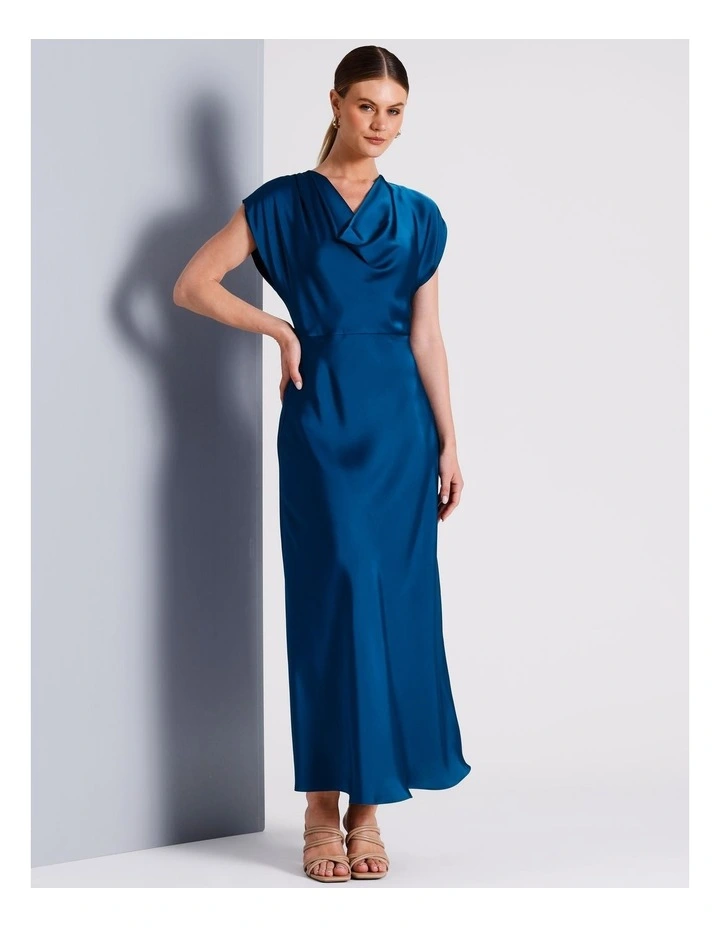 Recycled Polyester Deep Cowl Satin Column Dress in Teal image 1