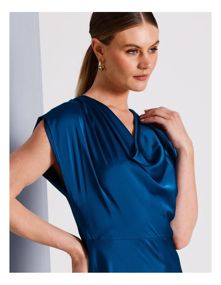 Recycled Polyester Deep Cowl Satin Column Dress in Teal image 2