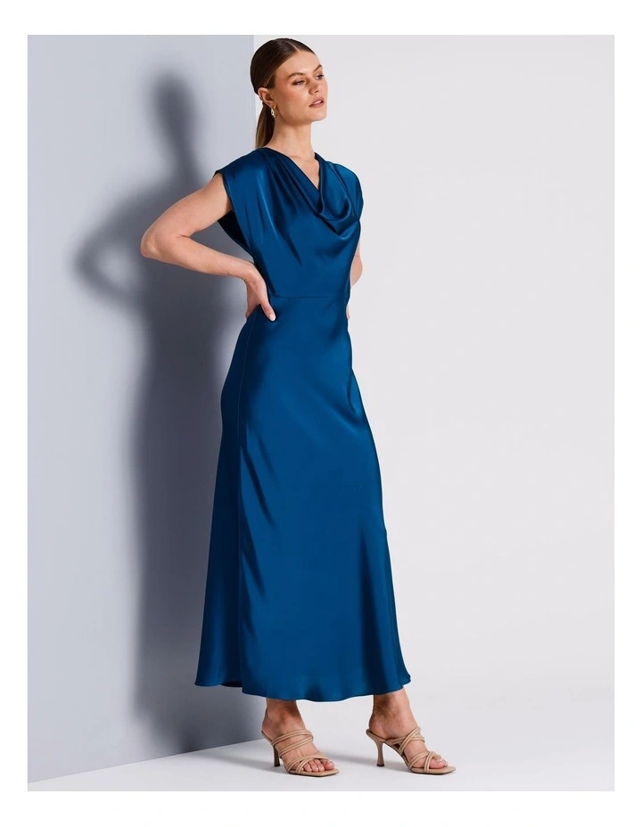 Recycled Polyester Deep Cowl Satin Column Dress in Teal image 3