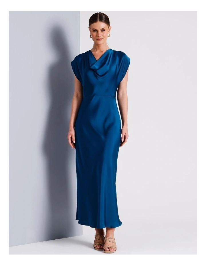 Recycled Polyester Deep Cowl Satin Column Dress in Teal image 4