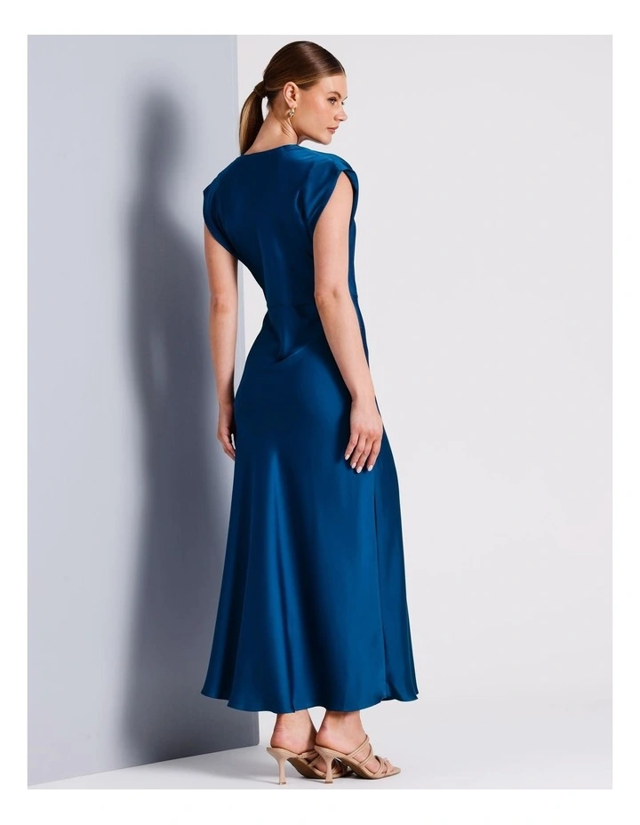 Recycled Polyester Deep Cowl Satin Column Dress in Teal image 5