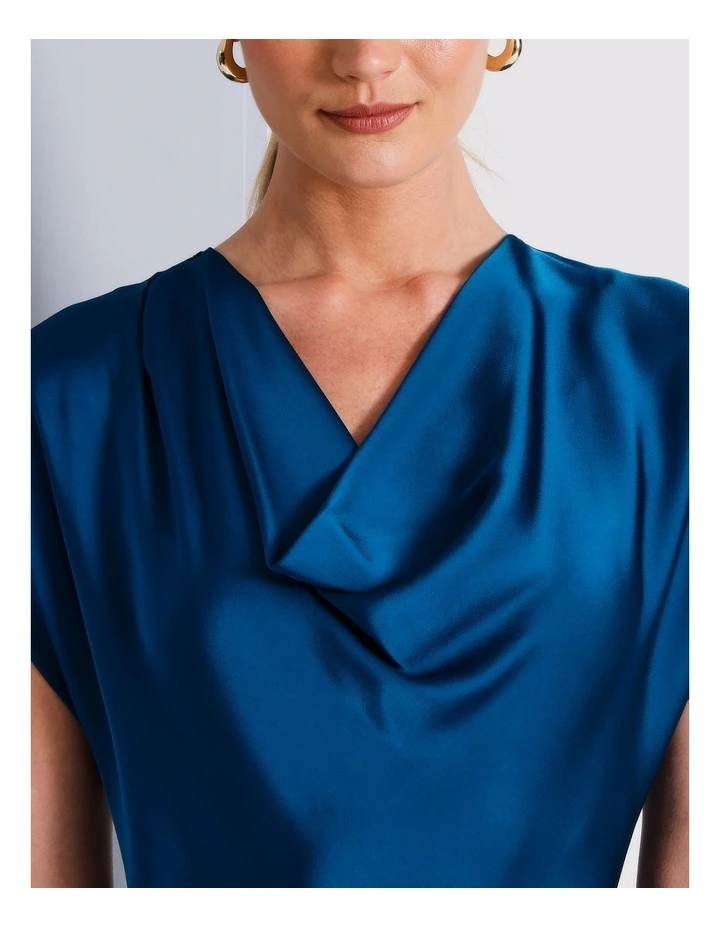 Recycled Polyester Deep Cowl Satin Column Dress in Teal image 6