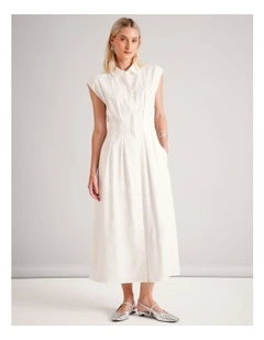 Lyocell Tuck Waist Detail Sleeveless Midi Dress in Ecru