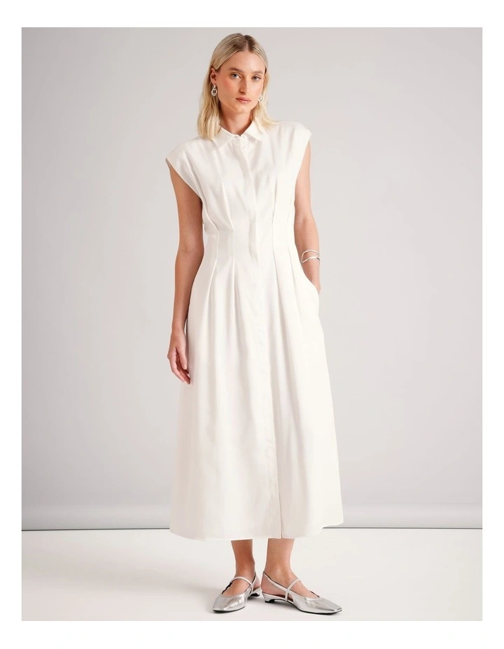 Lyocell Tuck Waist Detail Sleeveless Midi Dress in Ecru image 1