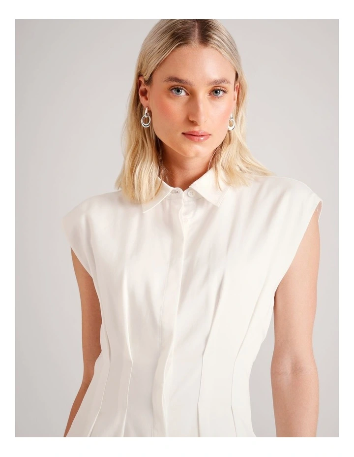Lyocell Tuck Waist Detail Sleeveless Midi Dress in Ecru image 2