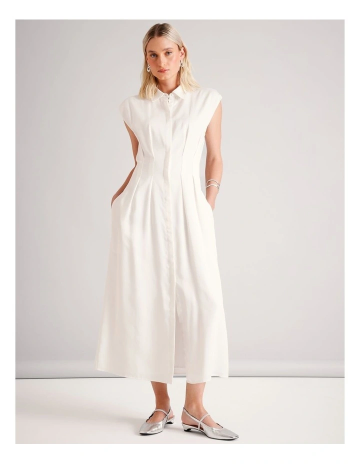 Lyocell Tuck Waist Detail Sleeveless Midi Dress in Ecru image 3