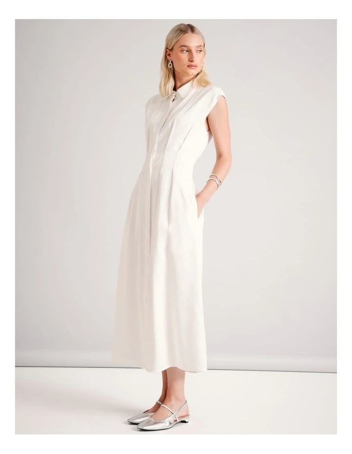 Lyocell Tuck Waist Detail Sleeveless Midi Dress in Ecru image 4