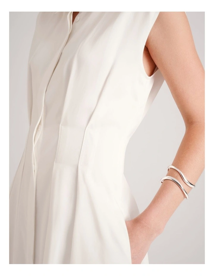 Lyocell Tuck Waist Detail Sleeveless Midi Dress in Ecru image 6