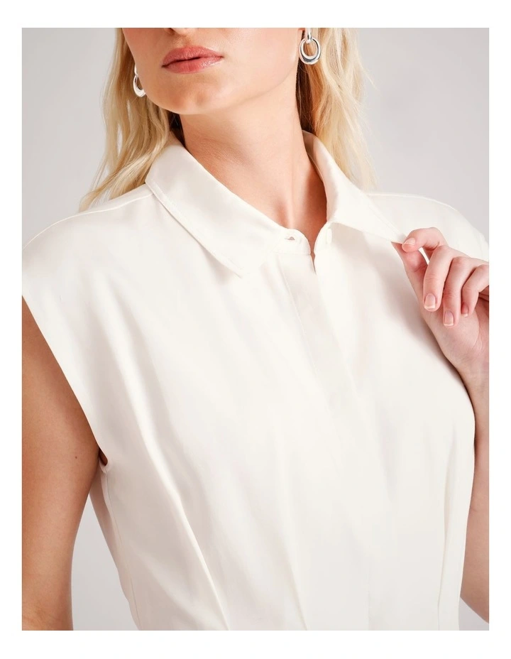 Lyocell Tuck Waist Detail Sleeveless Midi Dress in Ecru image 7