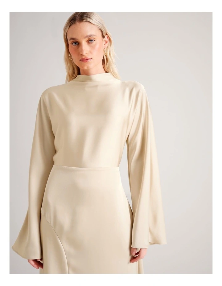 Satin High Neck Bias Cut Maxi Dress in Stone image 2