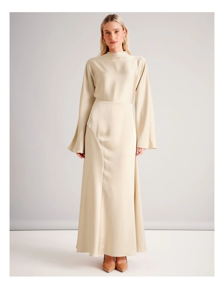Satin High Neck Bias Cut Maxi Dress in Stone image 3