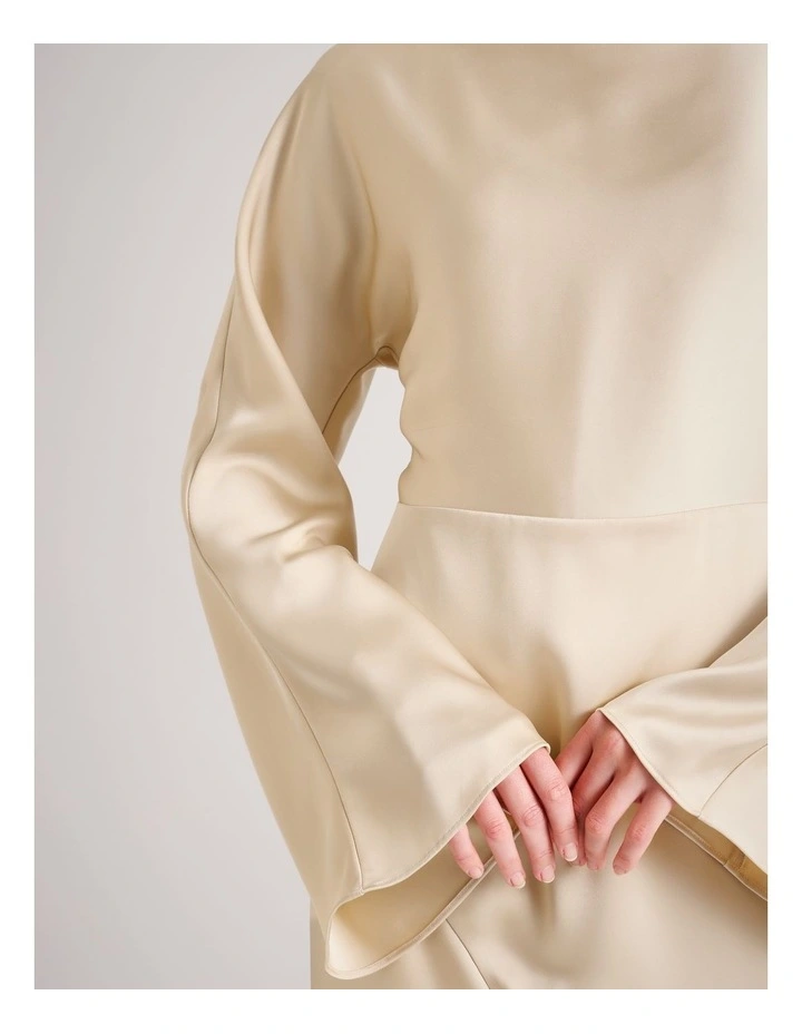Satin High Neck Bias Cut Maxi Dress in Stone image 4