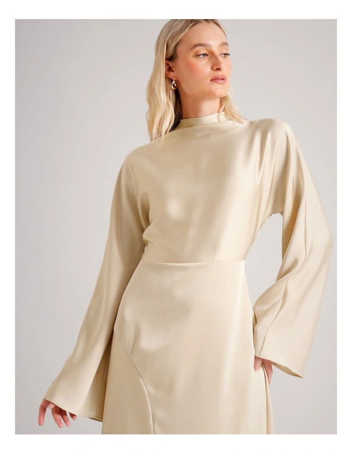 Satin High Neck Bias Cut Maxi Dress in Stone image 5