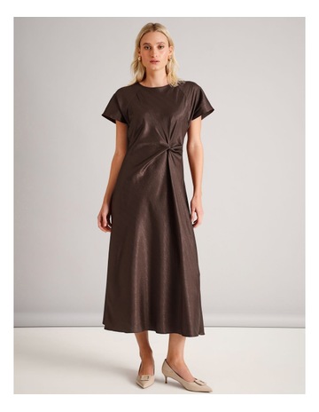 Recycled Poly Blend Knot Detail Satin Dress in Brown