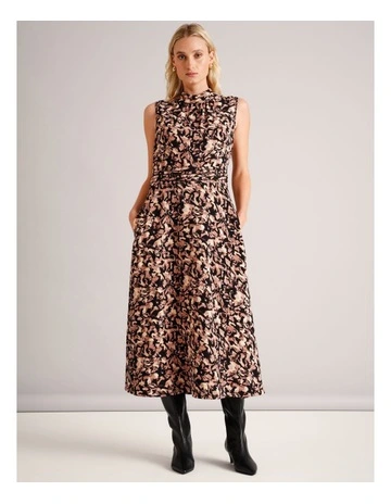 Sleeveless High Neck Dress in Brown
