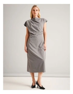 Gathered Waist Extended Sleeve Dress in Silver Grey