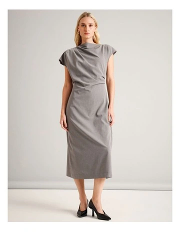 Gathered Waist Extended Sleeve Dress in Silver Grey