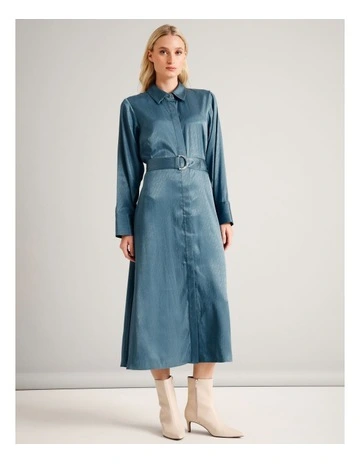 Belted Shirt Dress in Dusty Blue