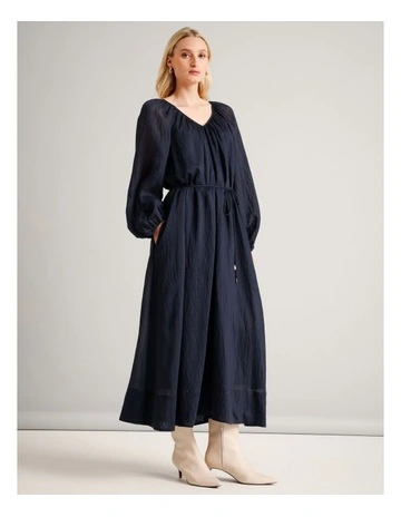 Volume Tie Waist Maxi Dress in Navy