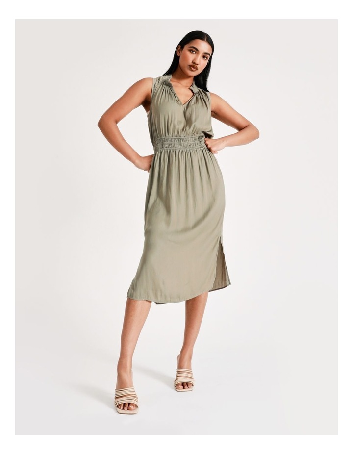 Shirred Waist Recycled Blend Midi Dress In Sage Green