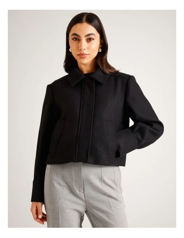 Recycled Poly Blend Cropped Zip Front Jacket in Black