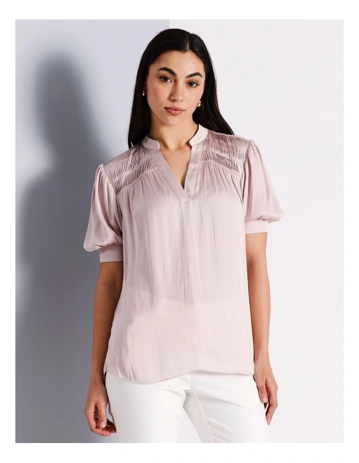 Recycled Polyester Twist Pintuck Satin Blouse in Light Pink image 1