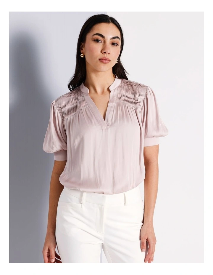 Recycled Polyester Twist Pintuck Satin Blouse in Light Pink image 3