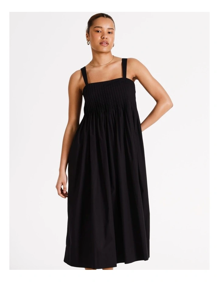 Cotton Pintuck Bodice Maxi Dress in Black image 3