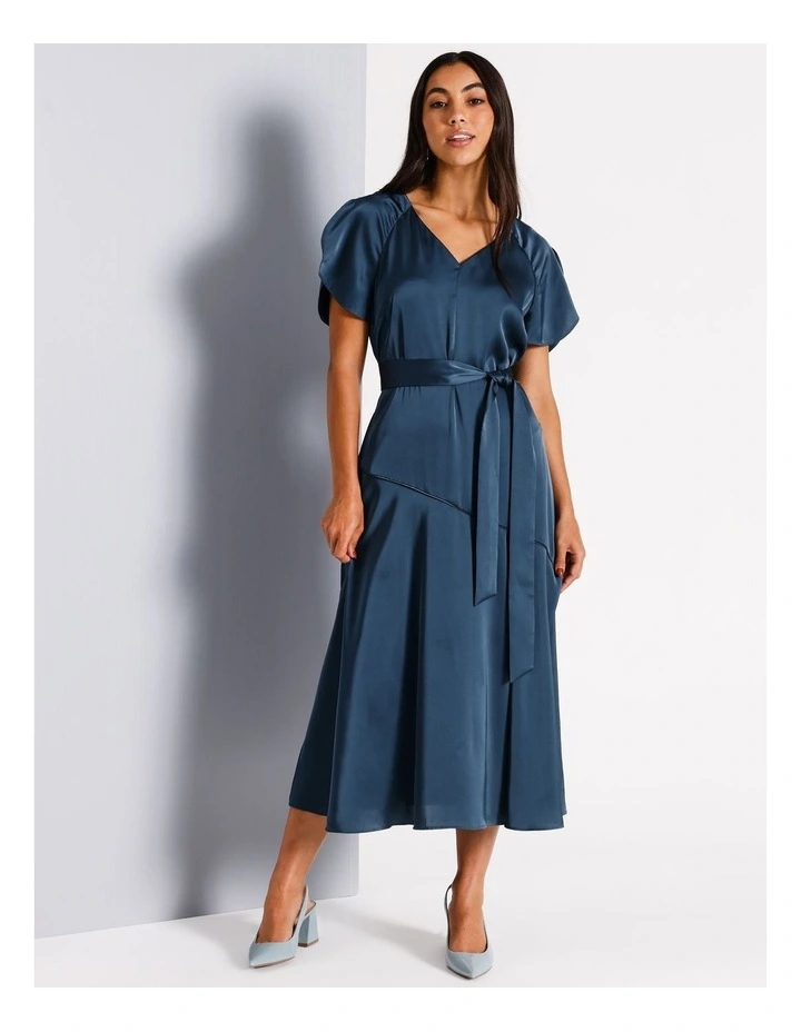 V Neck Recycled Polyester Satin Midi Dress in Airforce image 1