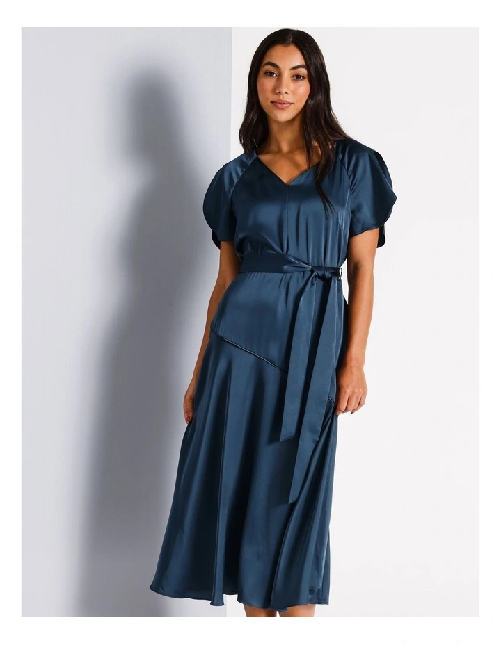 V Neck Recycled Polyester Satin Midi Dress in Airforce image 2