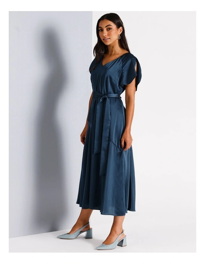 V Neck Recycled Polyester Satin Midi Dress in Airforce image 3