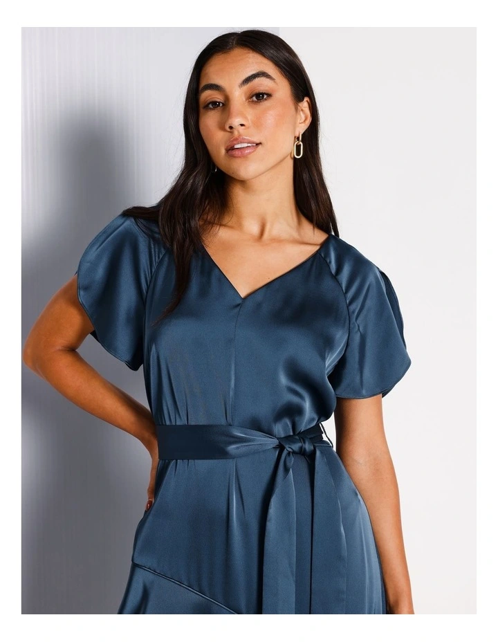 V Neck Recycled Polyester Satin Midi Dress in Airforce image 4