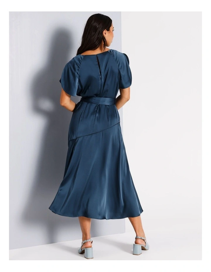 V Neck Recycled Polyester Satin Midi Dress in Airforce image 5