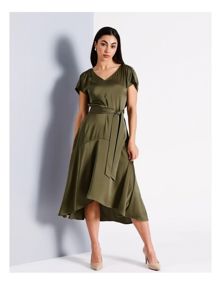 Recycled Polyester V Neck Satin Midi Dress in Khaki image 4
