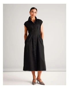 Lyocell Tuck Waist Detail Sleeveless Midi Dress in Black