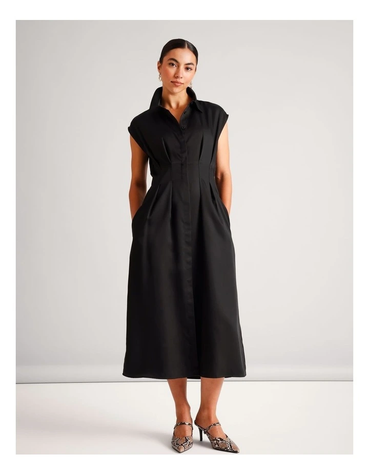 Lyocell Tuck Waist Detail Sleeveless Midi Dress in Black image 1